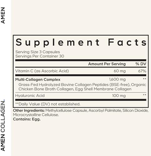 Cápsulas de Colágeno Multi Peptídico Amen con Ácido Hialurónico y Vitamina C - 5 Tipos de Colágeno Tipo I, II, III, V, X - Hidrolizado de Pasto - 90 - imagen 2