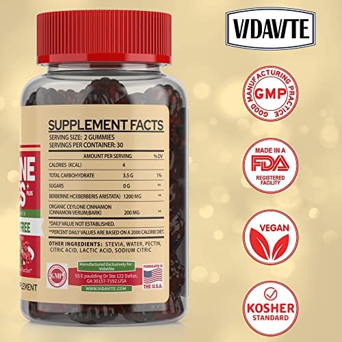 Gomitas VIDAVITE de Berberina con Canela de Ceilán — Sin Azúcar, 98% Puro y 10x Absorción — Suplemento Orgánico de 1200mg para Control de Peso, - imagen 2