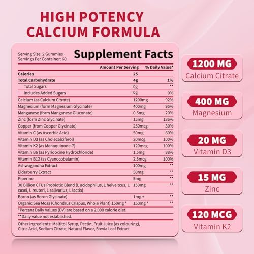 Gomitas de Calcio 1200 Mg con Vitamina D3 y K2, Suplemento de Calcio Citrato para Adultos, con Magnesio, Zinc, B6 y B12 - Absorción Extra - imagen 7