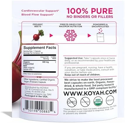 KOYAH - Cápsulas Orgánicas de Remolacha – Raíz de Remolacha Liofilizada – 500 mg por Cápsula – Soporte Cardiovascular y Flujo Sanguíneo* - 60 Cápsulas - imagen 2