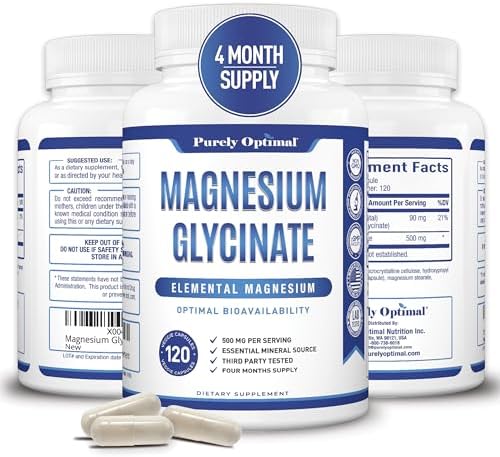 Magnesio Glicinato 500mg de Purely Optimal – Apoyo para el Sueño y Alivio del Estrés – Suplemento Suave de Alta Absorción para Relajación Muscular y - imagen 1