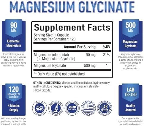 Magnesio Glicinato 500mg de Purely Optimal – Apoyo para el Sueño y Alivio del Estrés – Suplemento Suave de Alta Absorción para Relajación Muscular y - imagen 2