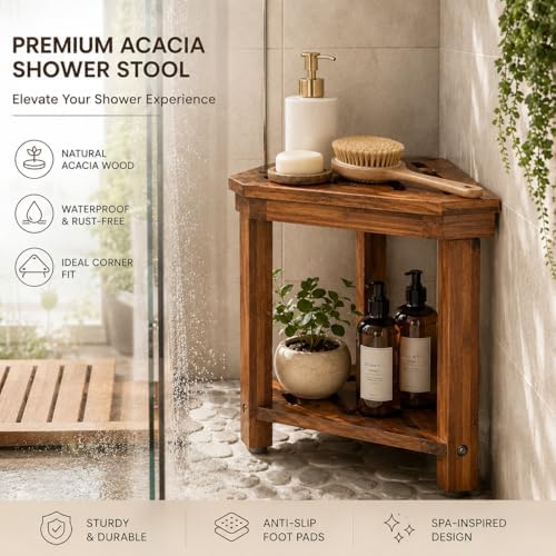 Taburete de Ducha de Madera de Acacia Dozesheep para Afeitar Piernas, con Estante de Almacenamiento, Resistente al Agua, Ideal para Espacios Pequeños - imagen 4