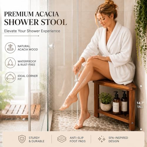 Taburete de Ducha de Madera de Acacia Dozesheep para Afeitar Piernas, con Estante de Almacenamiento, Resistente al Agua, Ideal para Espacios Pequeños - imagen 5