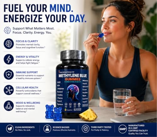 Gomitas de Azul de Metileno 12mg para Soporte Cognitivo con Vitamina C, NAD, L Metilfolato, Metilcobalamina B12, Soporte Mitocondrial y Salud Cerebral - imagen 2
