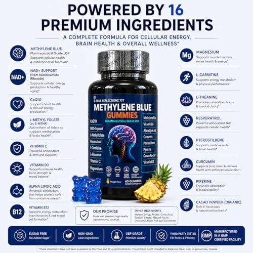 Gomitas de Azul de Metileno 12mg para Soporte Cognitivo con Vitamina C, NAD, L Metilfolato, Metilcobalamina B12, Soporte Mitocondrial y Salud Cerebral - imagen 4