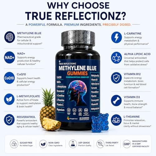 Gomitas de Azul de Metileno 12mg para Soporte Cognitivo con Vitamina C, NAD, L Metilfolato, Metilcobalamina B12, Soporte Mitocondrial y Salud Cerebral - imagen 7
