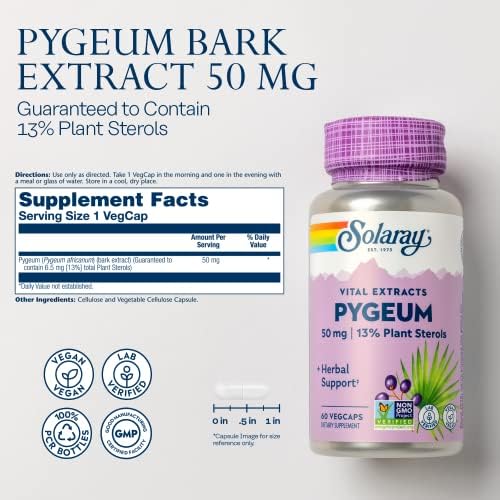 Extracto de Corteza de Pygeum SOLARAY 50mg - Suplemento para la Salud Prostática - Contiene 6.5mg de Esteroles Vegetales, No GMO, Vegano, 60 Cápsulas - imagen 2