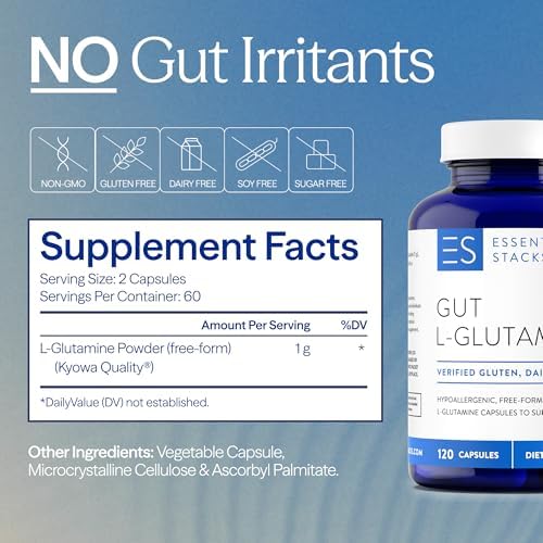 Cápsulas de L-Glutamina 1000mg Essential Stacks (Hecho en EE. UU.) - Sin Gluten, Lácteos ni Soja, No OGM para la Salud Digestiva - 60 Porciones (120 - imagen 5