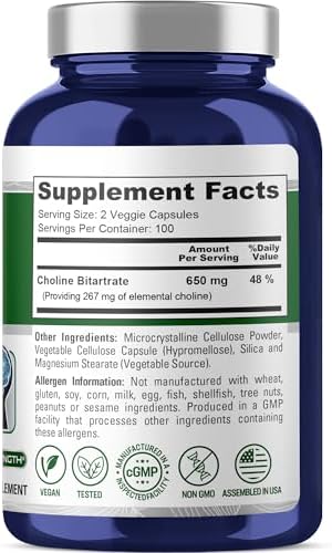 NusaPure Colina Bitartrato - Apto para Vegetarianos/Veganos, Sin OGM - 650 mg, 200 Cápsulas - imagen 2