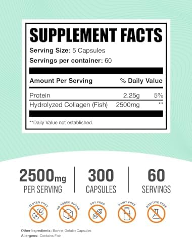 Cápsulas de Colágeno Marino BulkSupplements.com - Suplemento de Colágeno de Pescado, Hidrolizado, Libre de Gluten, 5 Cápsulas por Porción, 300 - imagen 2