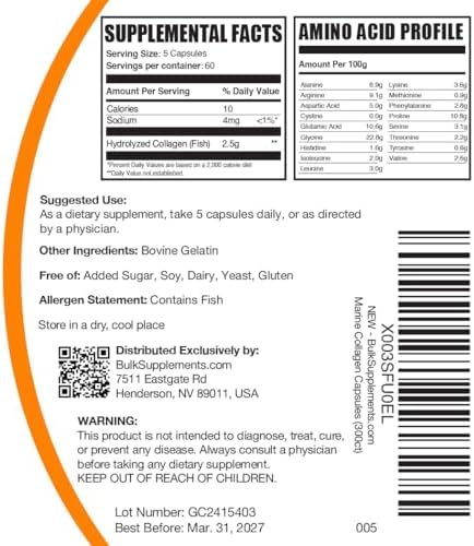 Cápsulas de Colágeno Marino BulkSupplements.com - Suplemento de Colágeno de Pescado, Hidrolizado, Libre de Gluten, 5 Cápsulas por Porción, 300 - imagen 6