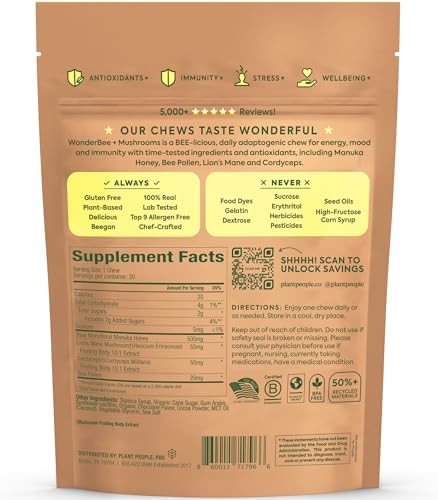 Plant People WonderBee Super Mushroom Chews de Miel Manuka - Polen de Abeja, Melena de León y Cordyceps - Apoyo Cognitivo, Energía e Inmunidad - - imagen 2