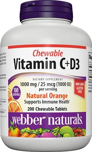 Webber Naturals Vitamina C + D3, 200 Tabletas Masticables - Sabor Naranja Natural, 1000mg de Vitamina C y 1000IU de Vitamina D3, Soporte - imagen 1