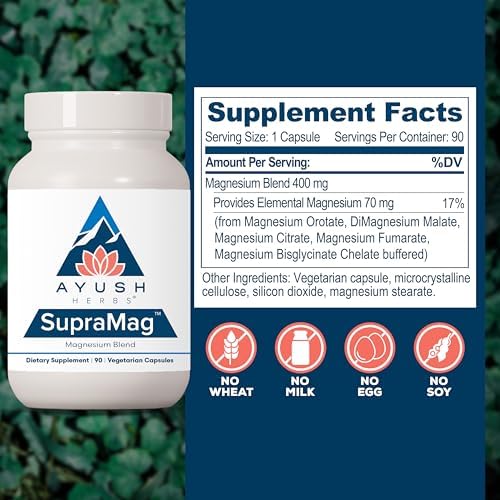 Ayush Herbs SupraMag - Suplemento de Magnesio Complejo de 400mg con Magnesio Bisglicinato, Citrato y Ororato para Sueño, Energía y Salud Cerebral - - imagen 3