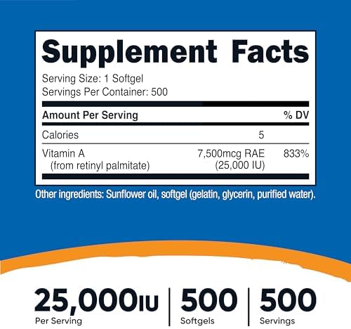 Nutricost Vitamina A 25000 IU, 500 Softgels, Sin OGM, Libre de Gluten - imagen 2
