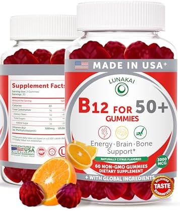 Gomitas de Vitamina B12 Lunakai para Adultos 50+, Hechas en EE. UU., Sin OGM, Sabor Cítrico Delicioso, 60 piezas, Energía y Vitalidad - imagen 1