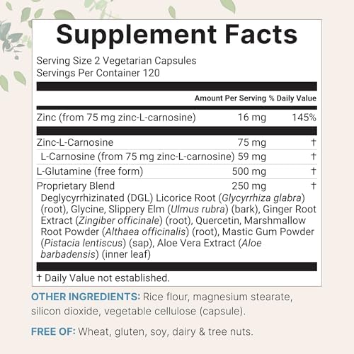 Zinc Carnosina 75mg, 240 Cápsulas Veganas | Suplemento de Zinc 10 en 1 para Hombres y Mujeres con Glutamina, Regaliz DGL, Quercetina, Olmo - imagen 2