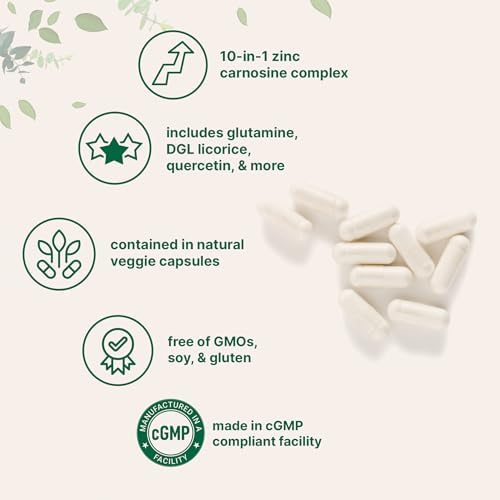 Zinc Carnosina 75mg, 240 Cápsulas Veganas | Suplemento de Zinc 10 en 1 para Hombres y Mujeres con Glutamina, Regaliz DGL, Quercetina, Olmo - imagen 3