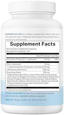 Zinc Carnosina 75mg, 240 Cápsulas Veganas | Suplemento de Zinc 10 en 1 para Hombres y Mujeres con Glutamina, Regaliz DGL, Quercetina, Olmo - imagen 6