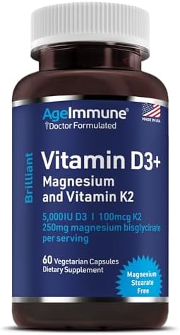 AgeImmune Brilliant D3+ Complejo - 60 Cápsulas - 5000 IU de Vitamina D3 + K2 + Suplemento de Magnesio Glicinato - Formulado por Médicos para Soporte - imagen 1