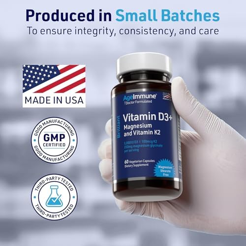 AgeImmune Brilliant D3+ Complejo - 60 Cápsulas - 5000 IU de Vitamina D3 + K2 + Suplemento de Magnesio Glicinato - Formulado por Médicos para Soporte - imagen 4