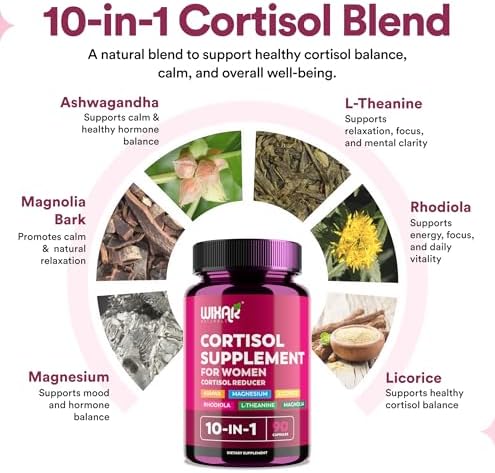 Suplementos de Cortisol WIXAR para Mujeres con Ashwagandha, Magnesio, L-Teanina y Rhodiola Rosea - Manejo del Cortisol Alto - Soporte para Sueño, - imagen 3
