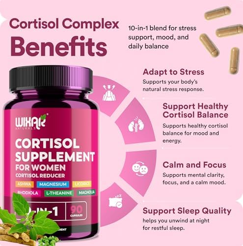 Suplementos de Cortisol WIXAR para Mujeres con Ashwagandha, Magnesio, L-Teanina y Rhodiola Rosea - Manejo del Cortisol Alto - Soporte para Sueño, - imagen 4