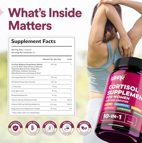 Suplementos de Cortisol WIXAR para Mujeres con Ashwagandha, Magnesio, L-Teanina y Rhodiola Rosea - Manejo del Cortisol Alto - Soporte para Sueño, - imagen 5