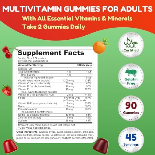 Gomitas Multivitamínicas Halal y Vegetarianas para Adultos, 45 Porciones, 12 Vitaminas y Minerales Esenciales, Sin Gelatina ni Gluten, No GMO, Apoyo - imagen 2