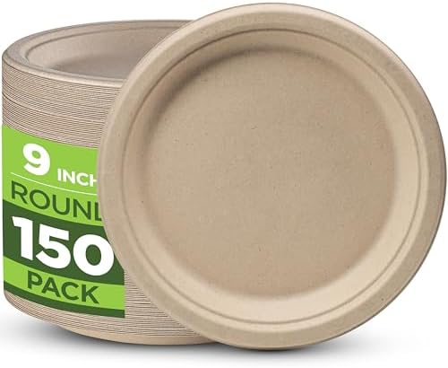 Platos Desechables de Papel 100% Compostables - Paquete de 150 Platos Biodegradables de 9” en Color Marrón, Hechos de Bagazo de Caña de Azúcar, Apto - imagen 1