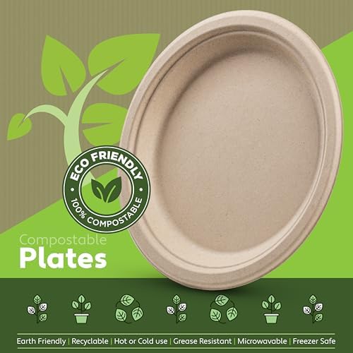 Platos Desechables de Papel 100% Compostables - Paquete de 150 Platos Biodegradables de 9” en Color Marrón, Hechos de Bagazo de Caña de Azúcar, Apto - imagen 2
