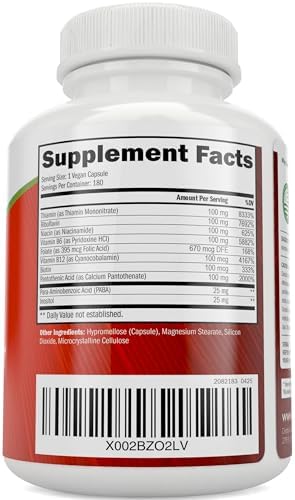 Complejo de Vitaminas B - 8 Vitaminas B Super con Colina e Inositol, B1, B2, B3, B5, B6, B8, B9 y B12 - B100 Complejo - 180 Cápsulas Veganas - - imagen 3