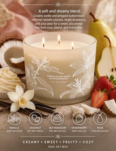 Vela Aromática de Coco y Vainilla | Gran Vela de Soja de 3 Mechas de 14.5oz | Vela de Cupcake de Vainilla | Regalo Ideal para Mujeres y Hombres - imagen 2