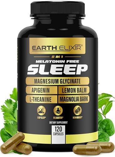 Suplemento para Dormir Earth Elixir 5 en 1 Sin Melatonina – Cápsulas de Magnesio Glicinato, Apigenina, L-Teanina, Bálsamo de Limón y Corteza de - imagen 1