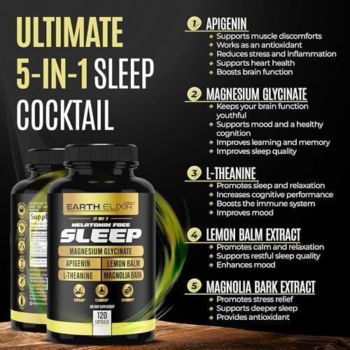 Suplemento para Dormir Earth Elixir 5 en 1 Sin Melatonina – Cápsulas de Magnesio Glicinato, Apigenina, L-Teanina, Bálsamo de Limón y Corteza de - imagen 4