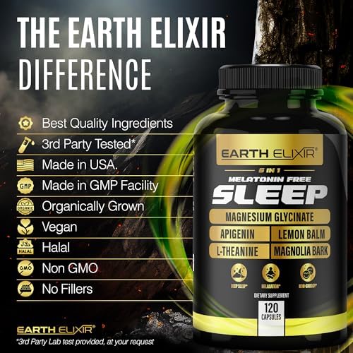 Suplemento para Dormir Earth Elixir 5 en 1 Sin Melatonina – Cápsulas de Magnesio Glicinato, Apigenina, L-Teanina, Bálsamo de Limón y Corteza de - imagen 6