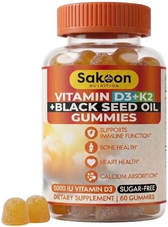 Sakoon Nutrition Suplemento de Vitamina D3 K2 5000 IU con Aceite de Semilla Negra, 60 Gomas, Sin OGM y Sin Gluten, Apoyo para Huesos, Dientes, - imagen 1