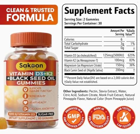 Sakoon Nutrition Suplemento de Vitamina D3 K2 5000 IU con Aceite de Semilla Negra, 60 Gomas, Sin OGM y Sin Gluten, Apoyo para Huesos, Dientes, - imagen 2