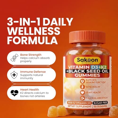 Sakoon Nutrition Suplemento de Vitamina D3 K2 5000 IU con Aceite de Semilla Negra, 60 Gomas, Sin OGM y Sin Gluten, Apoyo para Huesos, Dientes, - imagen 3