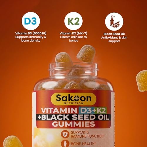 Sakoon Nutrition Suplemento de Vitamina D3 K2 5000 IU con Aceite de Semilla Negra, 60 Gomas, Sin OGM y Sin Gluten, Apoyo para Huesos, Dientes, - imagen 4