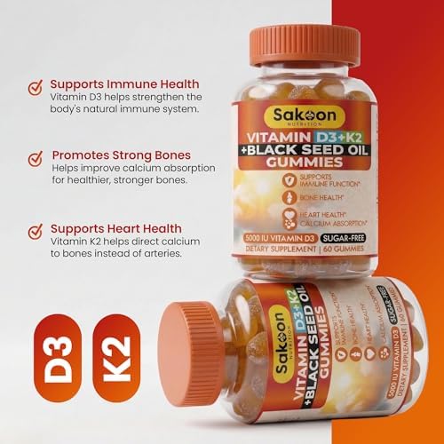 Sakoon Nutrition Suplemento de Vitamina D3 K2 5000 IU con Aceite de Semilla Negra, 60 Gomas, Sin OGM y Sin Gluten, Apoyo para Huesos, Dientes, - imagen 6