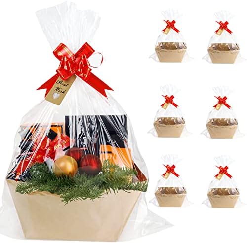 Cestas de Regalo KEVTVEK Más Grandes, Paquete de 6 Cestas de Kraft Resistentes con Asa, Incluye 6 Bolsas de Plástico, 6 Lazos y Etiquetas, Perfectas - imagen 1