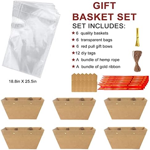 Cestas de Regalo KEVTVEK Más Grandes, Paquete de 6 Cestas de Kraft Resistentes con Asa, Incluye 6 Bolsas de Plástico, 6 Lazos y Etiquetas, Perfectas - imagen 2