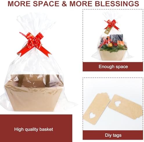 Cestas de Regalo KEVTVEK Más Grandes, Paquete de 6 Cestas de Kraft Resistentes con Asa, Incluye 6 Bolsas de Plástico, 6 Lazos y Etiquetas, Perfectas - imagen 3