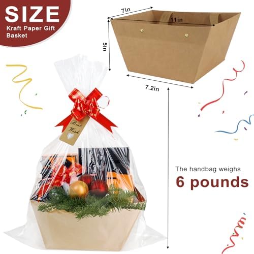 Cestas de Regalo KEVTVEK Más Grandes, Paquete de 6 Cestas de Kraft Resistentes con Asa, Incluye 6 Bolsas de Plástico, 6 Lazos y Etiquetas, Perfectas - imagen 4