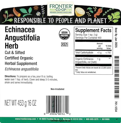 Hierba de Echinacea Angustifolia Orgánica Frontier Co-op, 1 lb en Bolsa a Granel - Cortada y Tamizada, Ideal para Té de Echinacea y Usos Herbales, - imagen 2