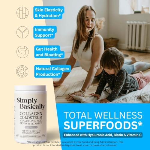 Simply Basically Polvo de Colostrum y Péptidos de Colágeno con Biotina, Ácido Hialurónico y Vitamina C | Suplemento para Salud Digestiva, Inmunidad y - imagen 2