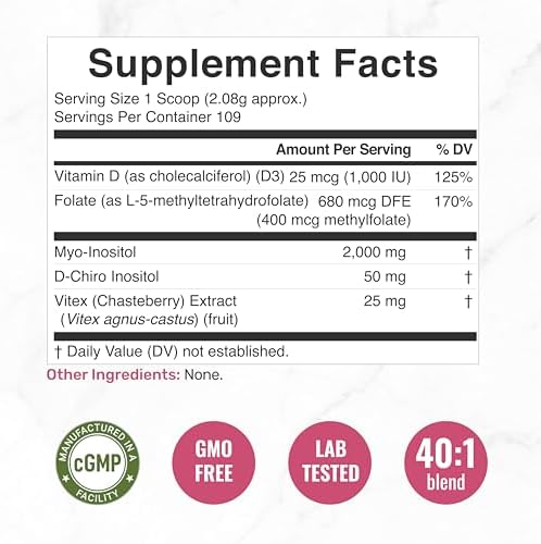Suplemento en Polvo de Myo-Inositol y D-Chiro Inositol para Mujeres | Relación 40:1 con Metilfolato, Vitamina D3 y Vitex | Apoya el Equilibrio - imagen 2