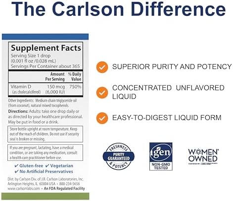 Carlson - Super Daily D3, 6000 IU (150 mcg) por Gota, Vitamina D3 Líquida, Suministro para 1 Año, No GMO, Sin Sabor, 365 Gotas Vegetarianas (10.3 mL) - imagen 2